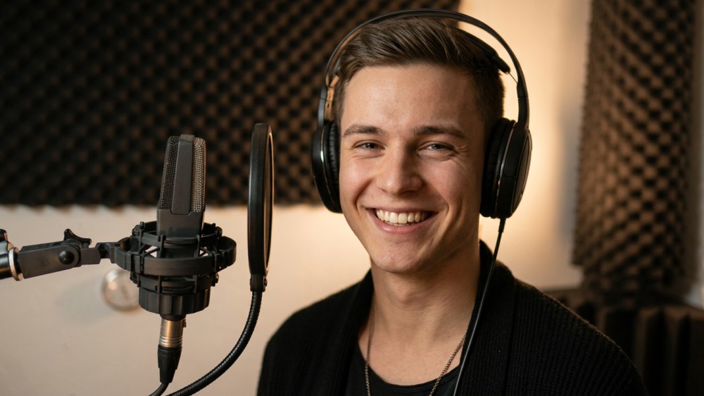 Sänger mit Kopfhörer vor Studiomikrofon im TopVoice Tonstudio