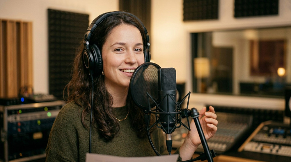 Sängerin mit Kopfhörer vor Studiomikrofon im Tonstudio